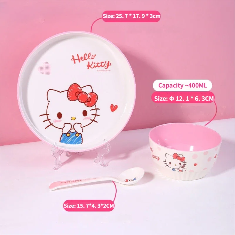 WUHE Set di Stoviglie per Bambini Hello Kitty, Ciotole e Piatti in Melamina, Design Cartoon per Ragazze, Senza BPA, Infrangibile, Lavabile in Lavastoviglie