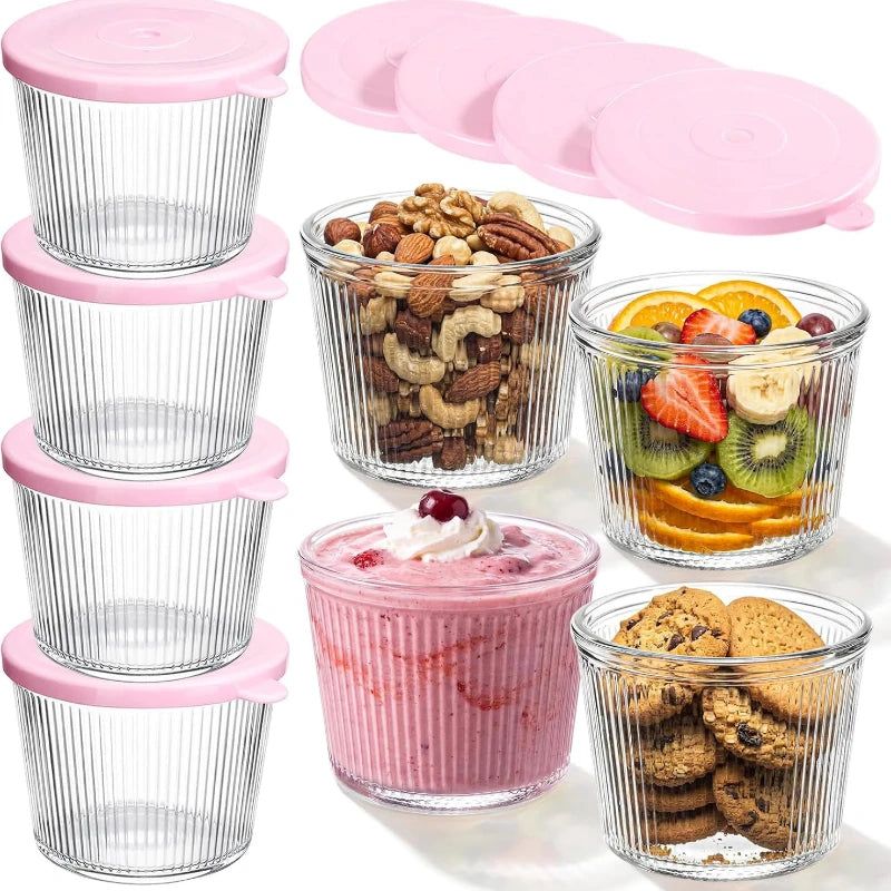 Set di 4/6 Piccole Ciotole in Vetro con Coperchio, Contenitori Impilabili in Vetro Trasparente a Righe per Dessert, Budini, Salse, Salse Piccanti, Noci, Avena, Caramelle, Dolciumi