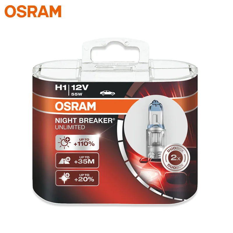 OSRAM H1 NIGHT BREAKER UNLIMITED 12V 55W Lampadina per Fari e Fendinebbia Auto 64150NBU 20% Più Bianca, Fascio Luminoso 40m Più Lungo, 110% Più Luminosa