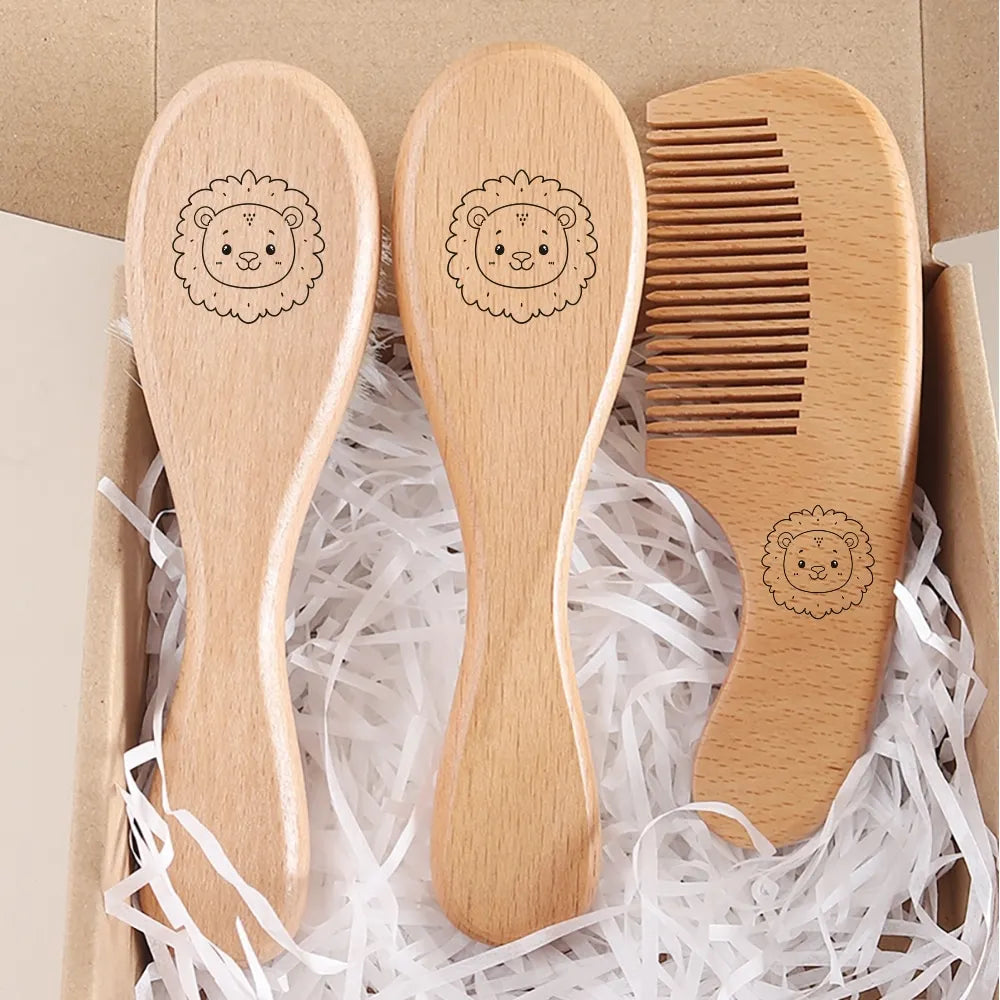 Spazzola per Capelli Neonato con Panda Inciso, in Lana Naturale e Legno, con Cuscino d'Aria, Regalo per Neonato