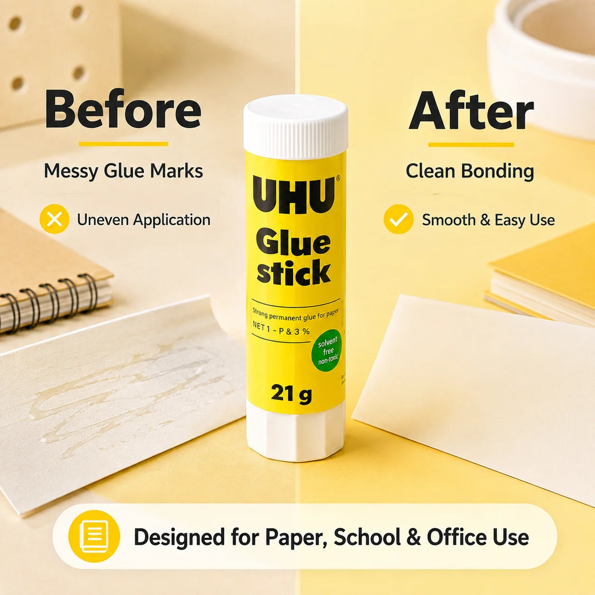 Colla stick UHU 8.2g 21g, colla solida forte, senza disordine, per scuola, ufficio, artigianato, carta.