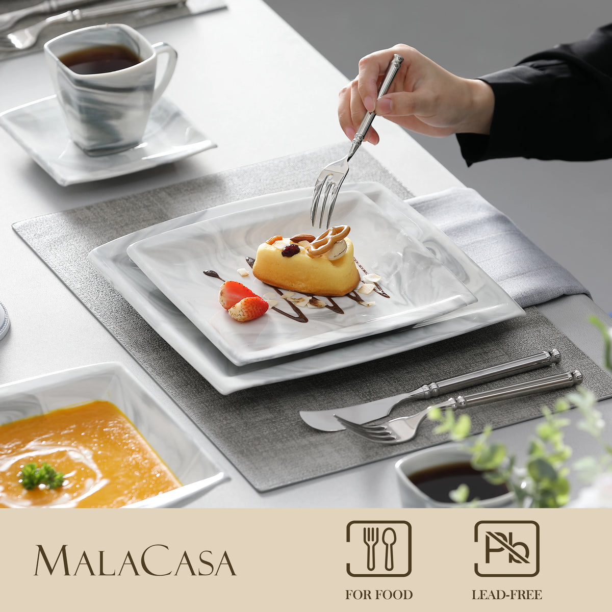 MALACASA 30/60 pz marmo grigio porcellana stoviglie Set di stoviglie con 6 pezzi Dessert/zuppa/piatto cena/tazza/piattino, servizio per 12