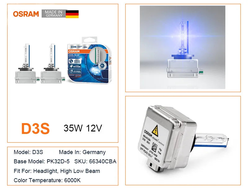 OSRAM HID D3S D1S D2S D4S Cool Blue Advance CBA Xenon Super White Faro per auto Fascio alto/basso Originale 6000K12V 35W (2 pezzi)
