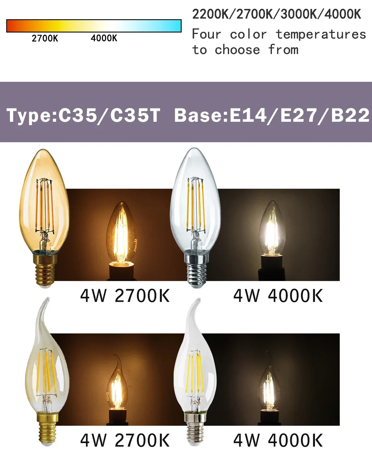 Confezione da 10 lampadine a filamento LED per E27 B22 220V 240V 4W 6W 9W Lampadine a LED bianche calde Lampada in vetro vintage