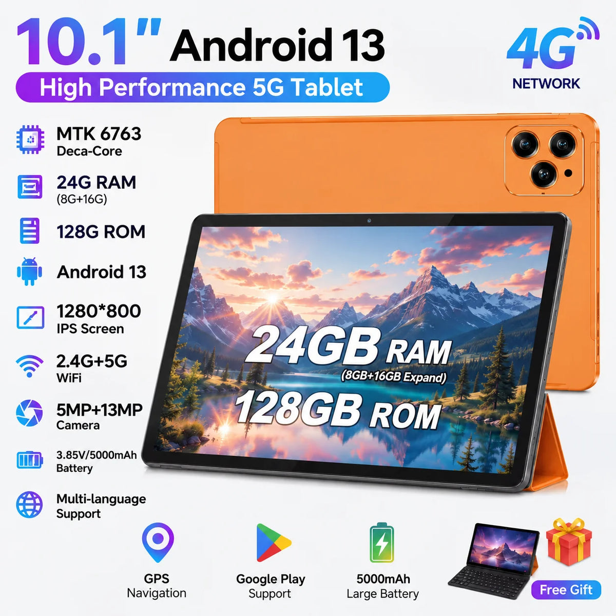 Koomdigi T70Pro Tablet Pc Android 13 10 Inch Tablet 1-Inch Tablet with 24Gb (8+16Gb) Ram and 128Gb Rom + Support 1280X800 Ips Screen Expansion, 4g Calling, 2 2-in-1 Tablet with 4g Support Complete Set with Keyboard