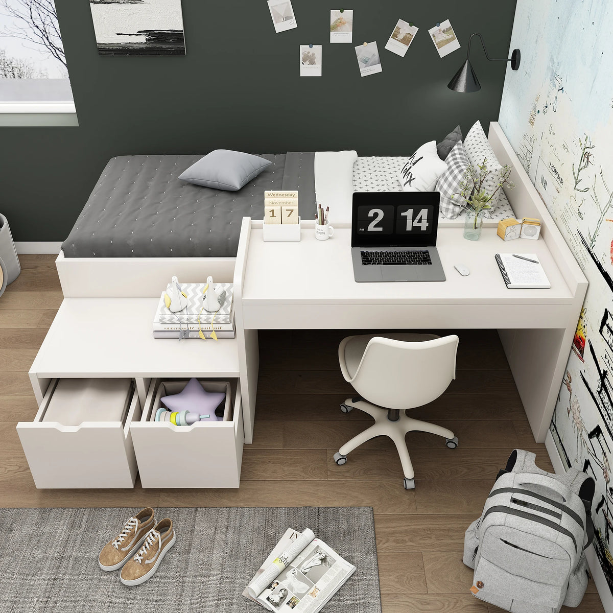 KOMHTOM Letto per bambini letto singolo 90x200 cm Bianco scrivania e cassetti letto contenitore senza materasso