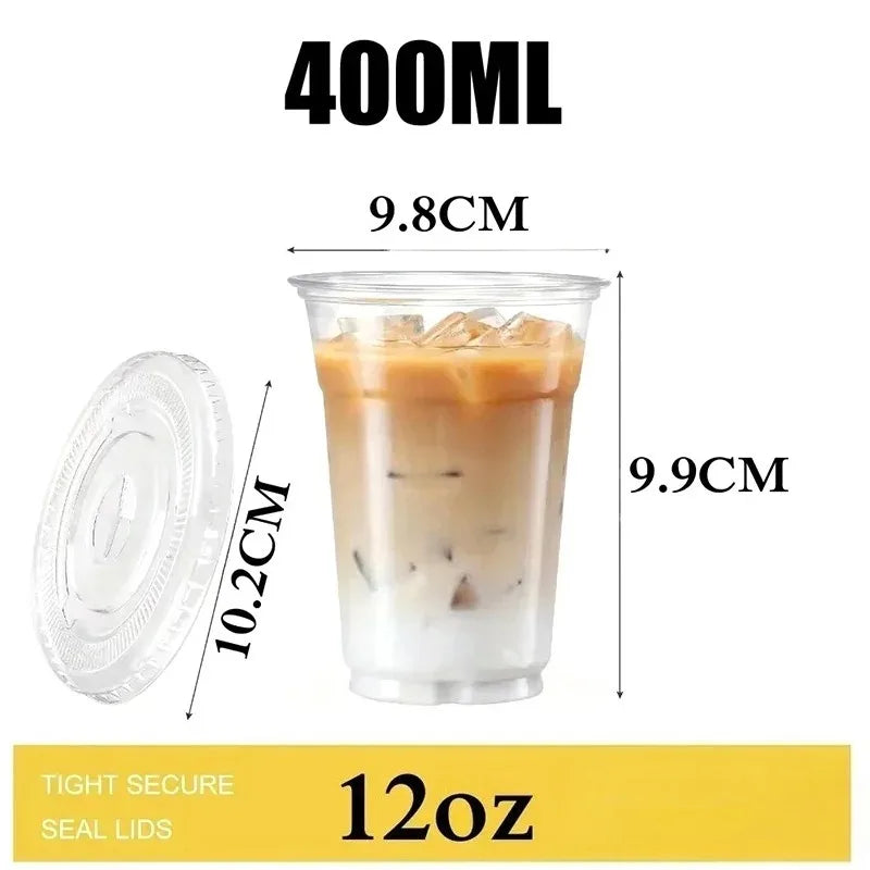 100 Bicchieri in Plastica Trasparente con Coperchi da 350ml, Contenitori Monouso per Bevande Fredde, Bubble Tea, Caffè Ghiacciato, Succhi, Frullati, Forniture per Feste