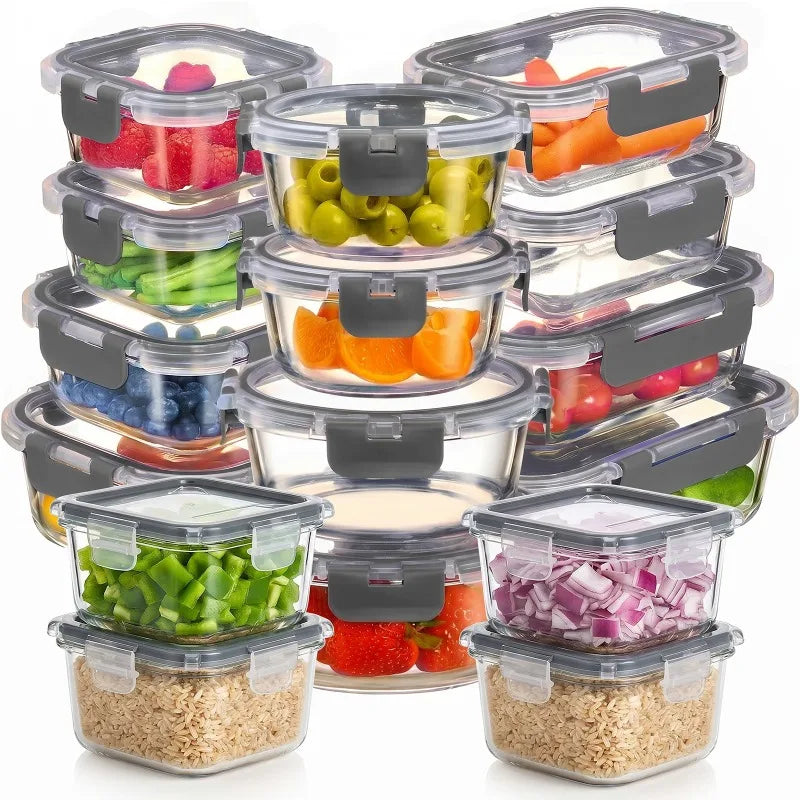 Set di 12+4 Contenitori in Vetro per Alimenti con Coperchi Ermetici, Contenitori Impilabili a Prova di Perdite per Preparazione Pasti, Scatole in Vetro Sicure per Frutta, Verdura, Cibi Cotti, Organizzazione Dispensa