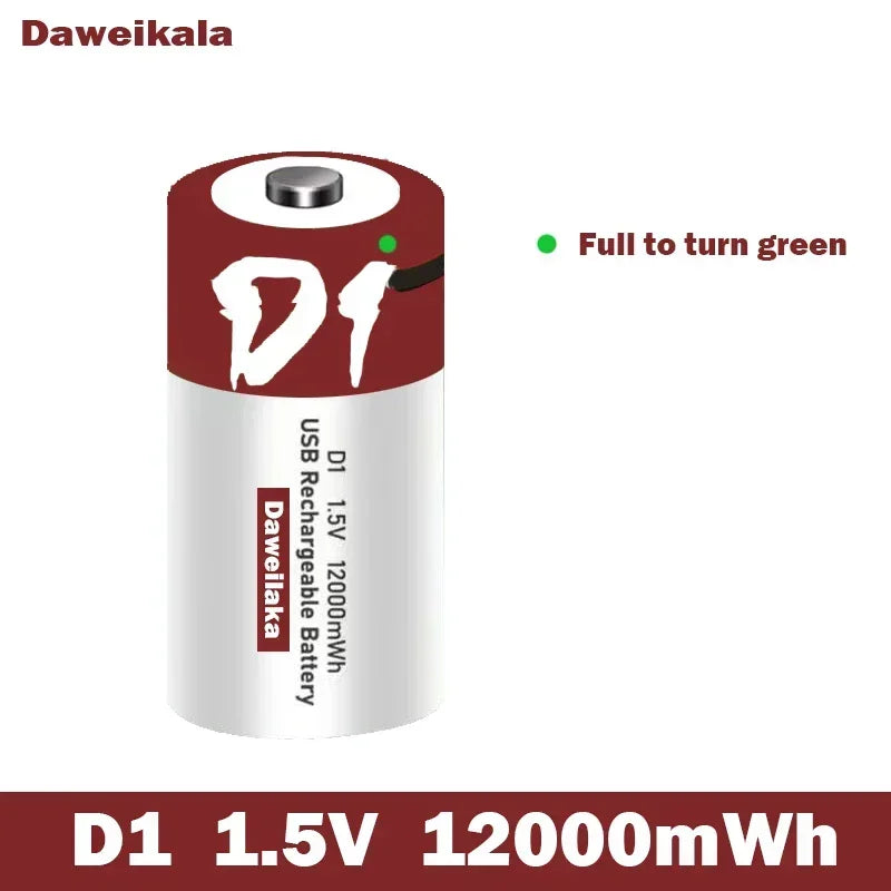 Batteria agli ioni di litio da 1,5 V formato D, 12000 mWh, ricaricabile tramite USB per torce, scaldabagni, giocattoli, include cavo di ricarica gratuito