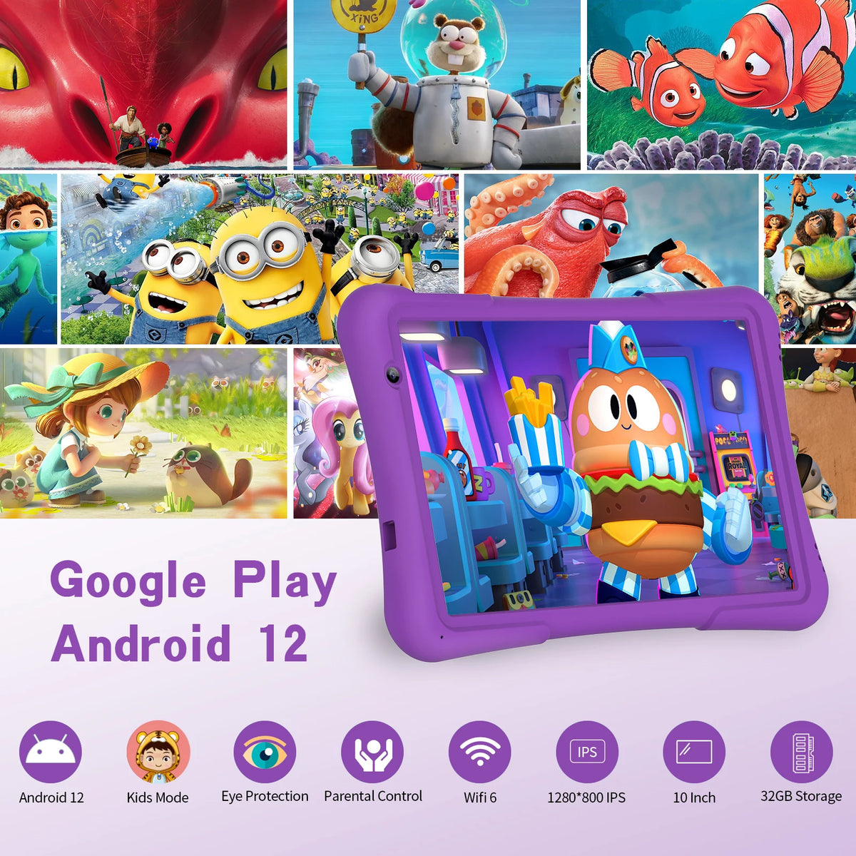Tablet Android PRITOM da 10 pollici per bambini, 4GB(2+2)+32GB, Quad Core, 6000 mAh, WiFi 6, doppia fotocamera, Bluetooth, tablet per bambini piccoli