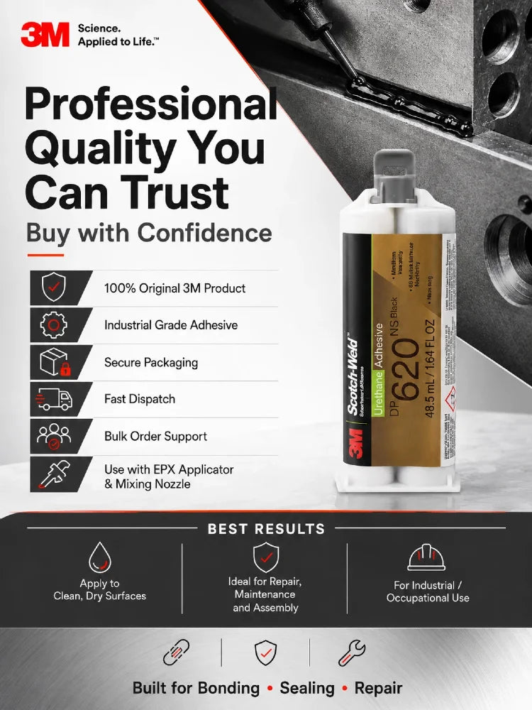 Adesivo Uretanico Originale 3M DP620NS Scotch-Weld 48.5ML Nero Non-Sciolmibile Colla Strutturale Bicomponente per Metallo Plastica Gomma Legno