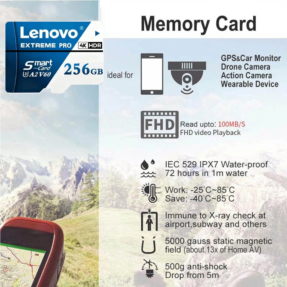 Scheda Micro SD Lenovo 1TB 512GB, scheda SD ad alta velocità 256GB 128GB, scheda TF UHS‑I, scheda di memoria impermeabile per dash cam, telecamere di videosorveglianza, Nintendo Switch.