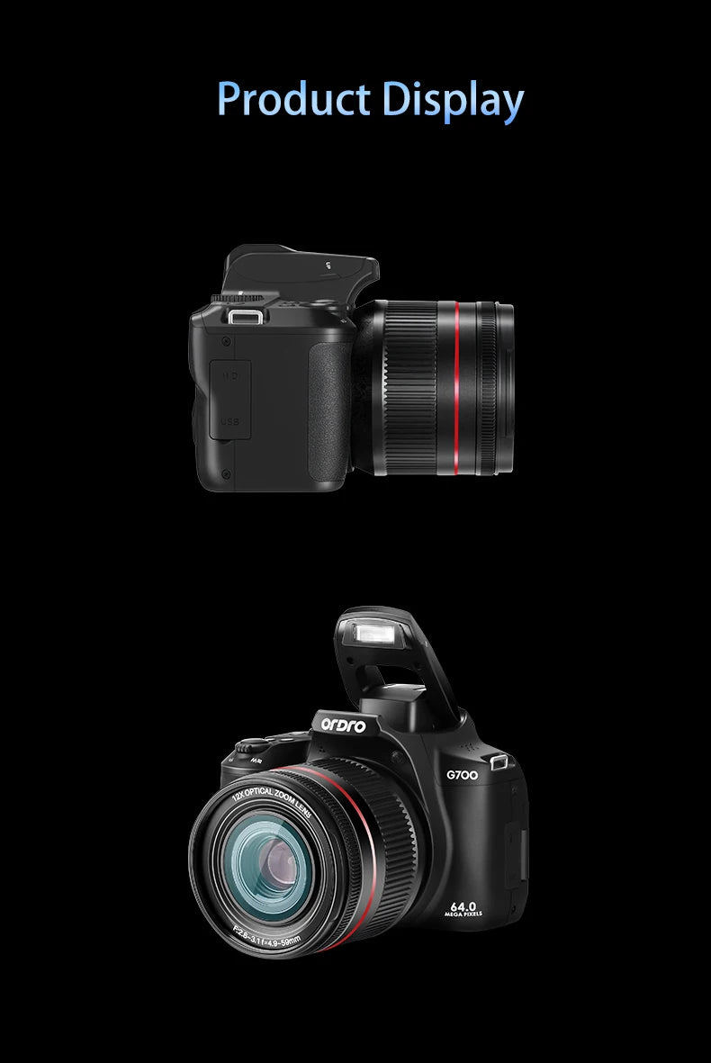 Ordro 4K Fotocamera digitale 12x Zoom ottico Videocamera per fotografia Messa a fuoco automatica 2024 Nuovo Vlog Camara Flash LED integrato