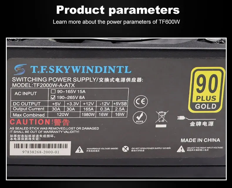 T.F.SKYWINDINTL nuovo 2000W ATX PSU alimentatore minerario supporto alimentazione PC 8 schede Display GPU 95% efficienza per BTC Bitcoin Miner