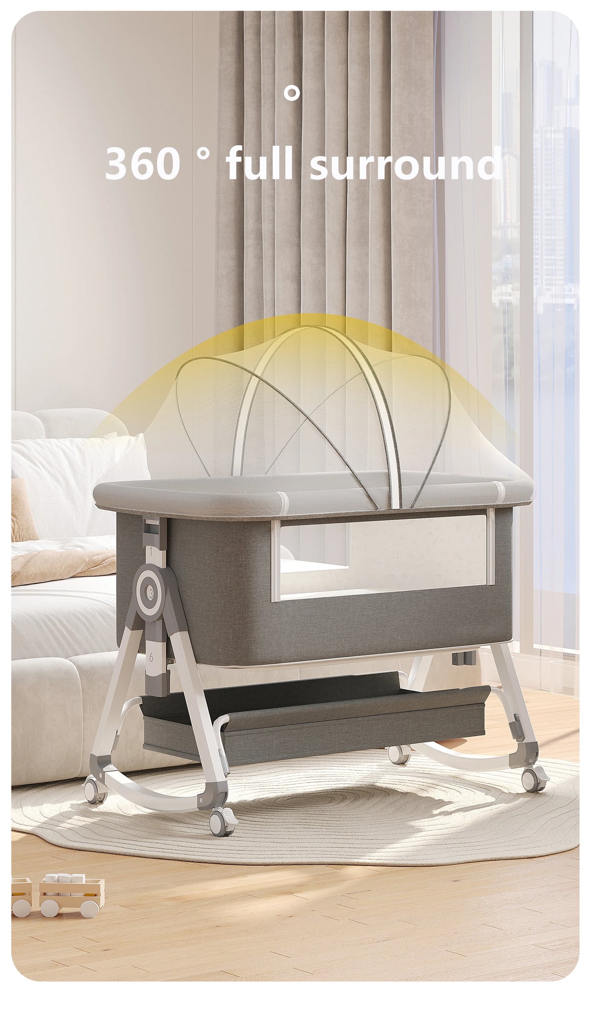 Culla combinata 3 in 1 per neonati, lettino da affiancare al letto, box per bambini, ruote girevoli, altezza regolabile, con materasso confortevole e zanzariera
