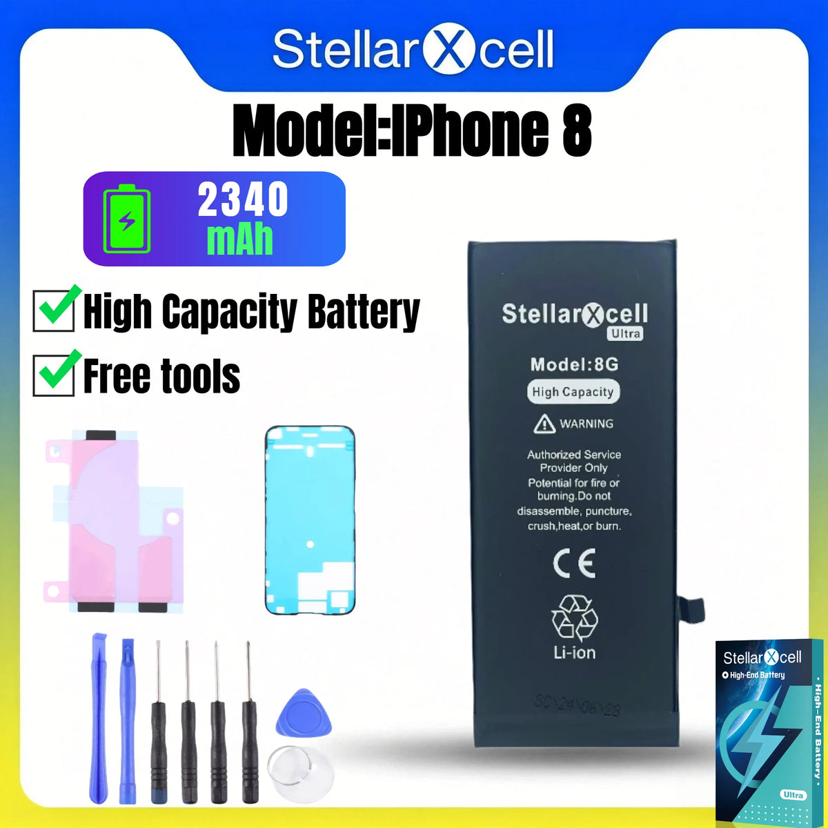 Batteria StellarXcell Ultra per iPhone, Spedita dalla Germania, per iPhone 7 8 X XR XS XSMAX 11 12 13 14 15 Mini Plus Pro Promax, Batteria ad Alta Capacità, Batteria di Alta Qualità, Batteria Sostitutiva per iPhone con Stru