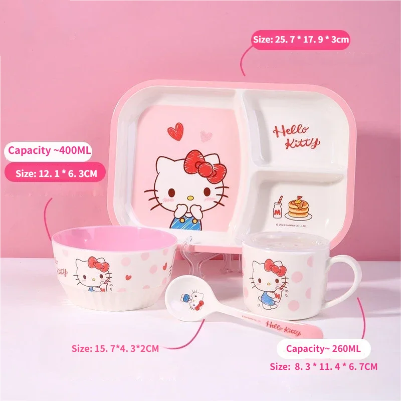 WUHE Set di Stoviglie per Bambini Hello Kitty, Ciotole e Piatti in Melamina, Design Cartoon per Ragazze, Senza BPA, Infrangibile, Lavabile in Lavastoviglie