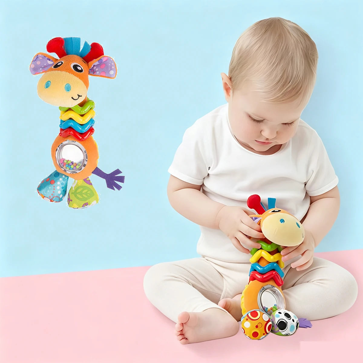 Giocattolo Sonaglio per Neonati a Forma di Giraffa, Morbido e Sensoriale, Giocattolo Educativo per lo Sviluppo Precoce, Regalo per Neonati da 0 a 12 Mesi