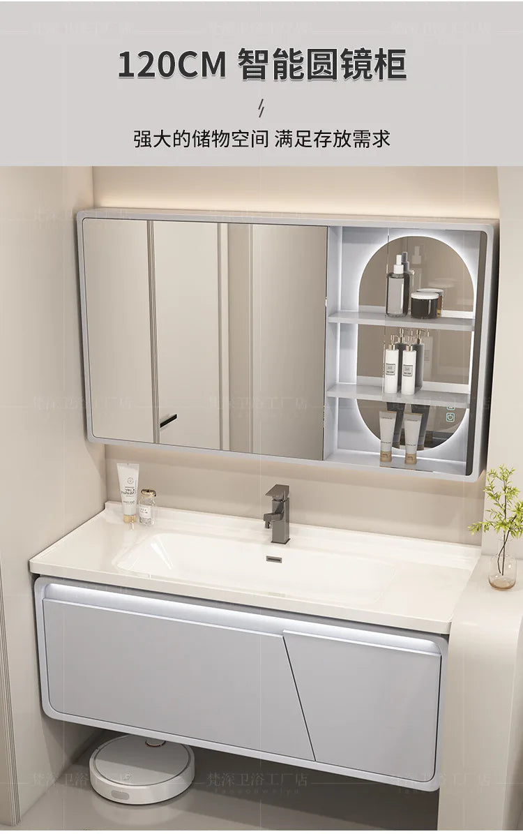 Mobile Bagno Moderno Intelligente con Lavabo Integrato in Ceramica, Armadietti in Rovere, Specchio LED e Mobiletto - Arredamento Bagno