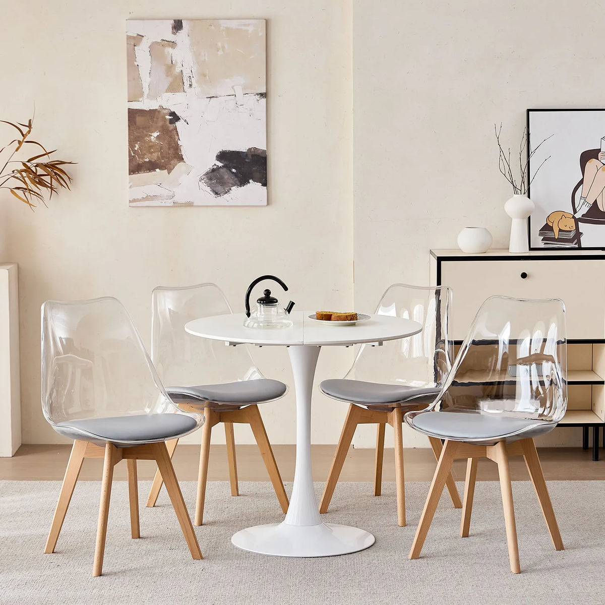 Set di 4 sedie da pranzo trasparenti gambe in legno sedia moderna e confortevole in PU per cucina camera da letto soggiorno mobili da cucina per la casa