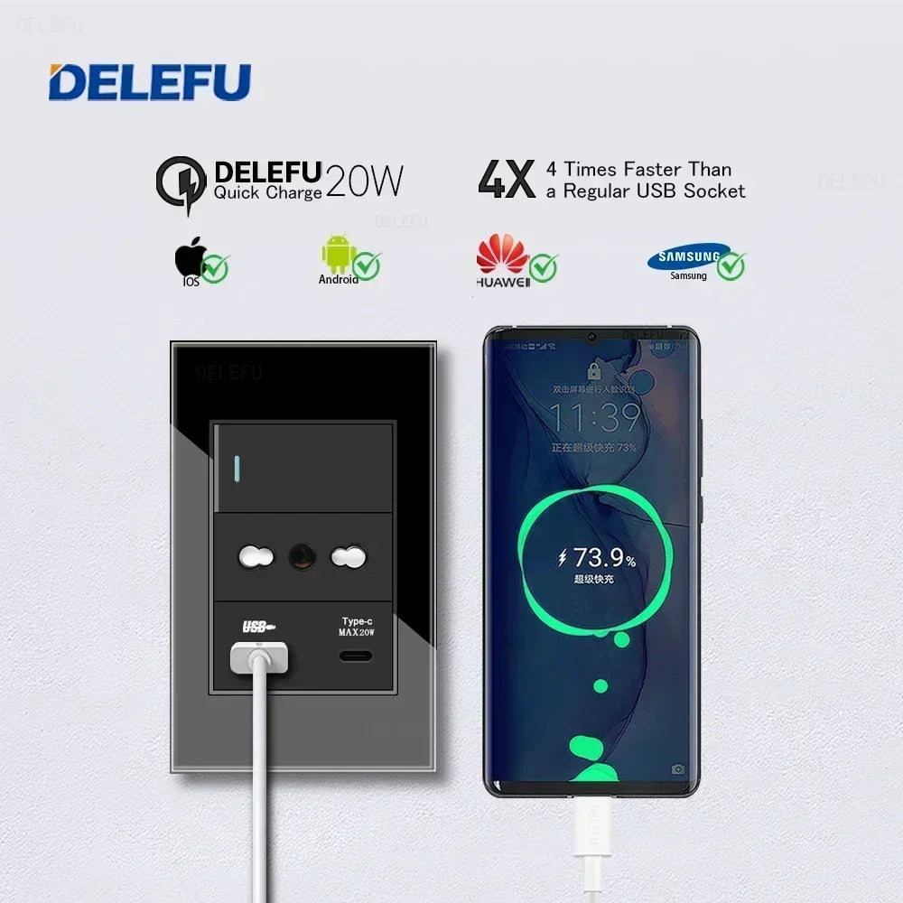 DELEFU Presa a Muro in Vetro Temperato Nero con USB Type-C per Ricarica Rapida, Interruttore Schuko, TV Sat, Telefono, Campanello, Italia/Cile