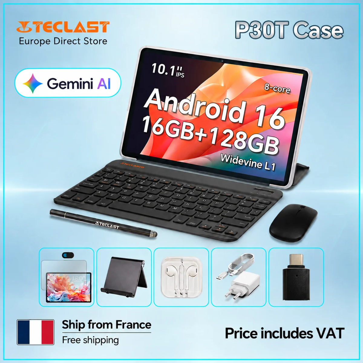 Custodia per Teclast P30T, tablet Android 16, 10,1", 16 GB (3 GB + 13 GB) di RAM, 128 GB di ROM, processore a 8 core, tastiera, custodia, mouse, penna, cuffie, supporto.