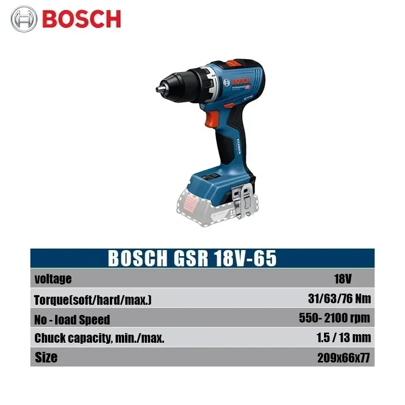 Trapano Avvitatore a Batteria Bosch GSR 18V-65 Brushless, 18V 63Nm, Alta Coppia, Ideale per Spazi Ristretti, Funzione Anti-Rotazione Inversa