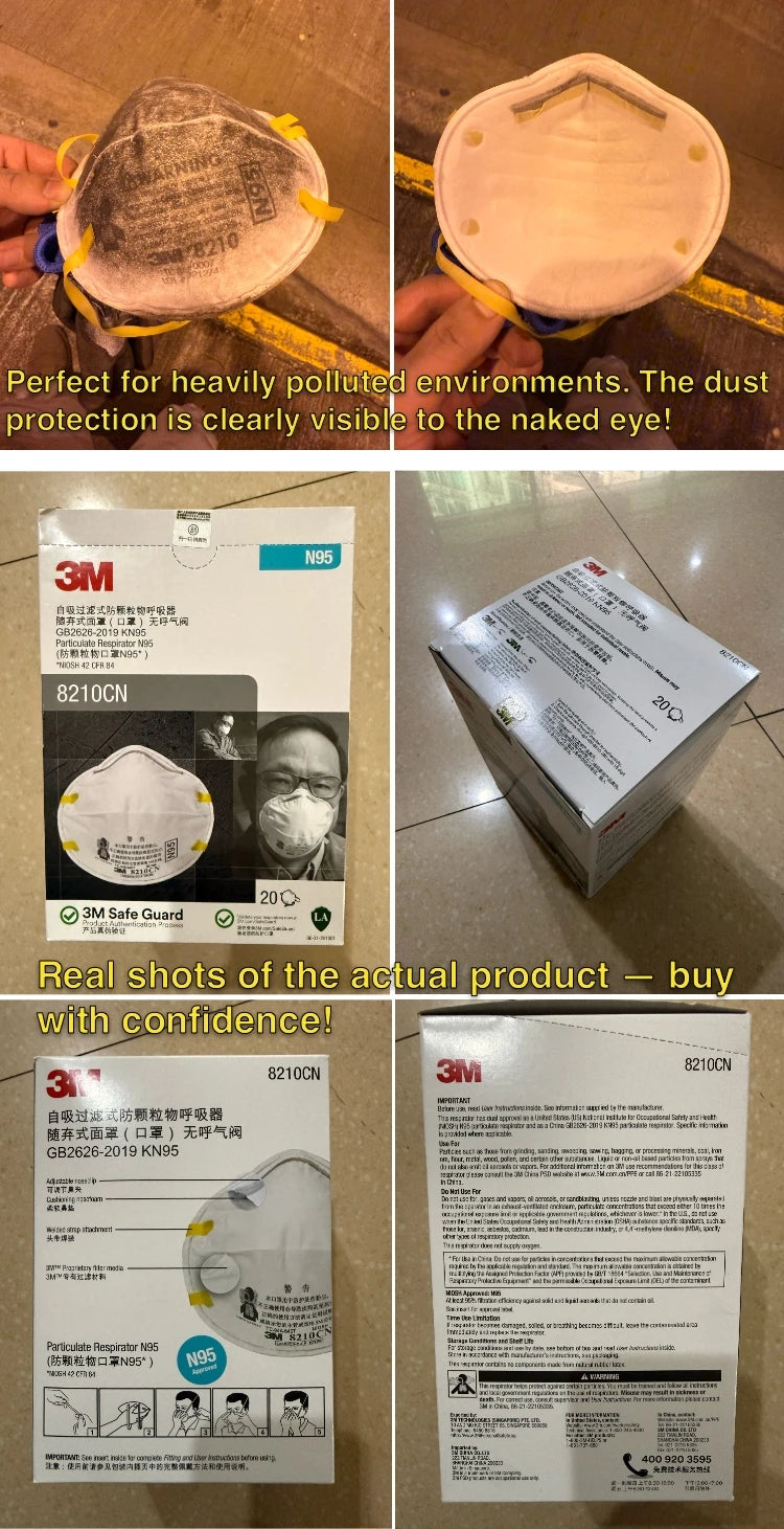 Maschera 3M 8210 N95 Originale, Respiratore Protettivo per Particelle, Approvato NIOSH, Maschera Antipolvere a Coppa per Costruzioni e Levigatura, 20 Pezzi/Scatola