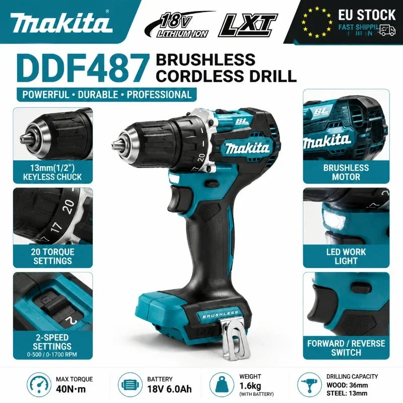 Trapano Avvitatore a Batteria Brushless Makita 18V LXT DDF487 10mm ad Alta Coppia + Batteria BL1860B BL1840 6.0Ah - Spedizione Veloce da Magazzino EU