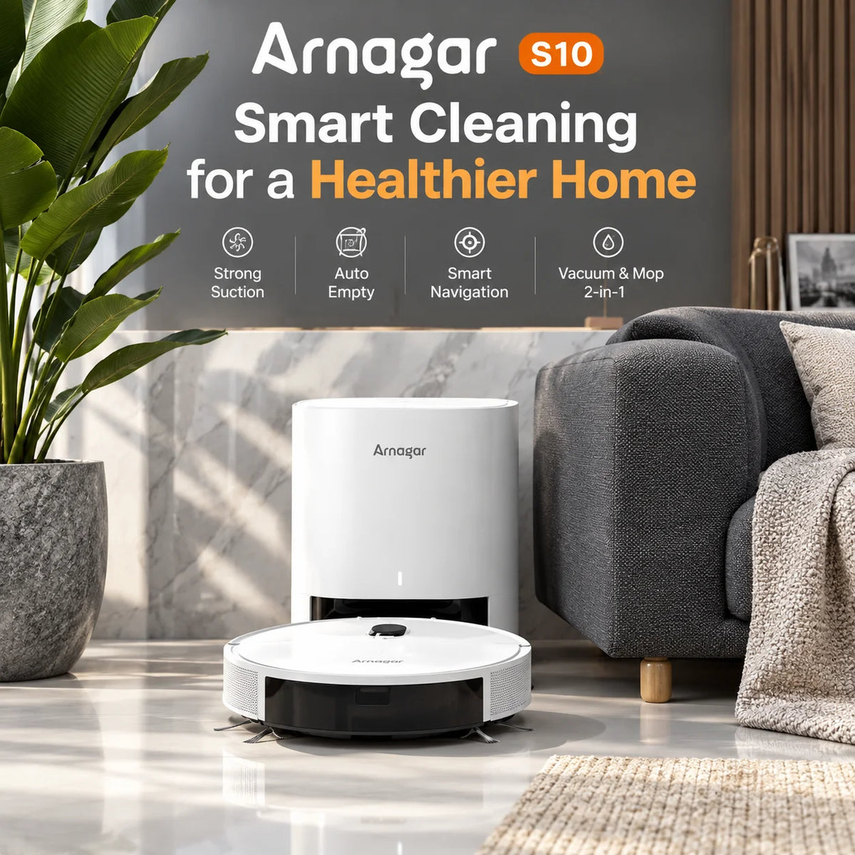 Arnagar S10 Robot Aspirapolvere e Lavapavimenti Intelligente con Telecomando, Svuotamento Automatico, Controllo tramite App, 12000Pa, Vslam, 5200Mah, Basso Rumore per Tappeti
