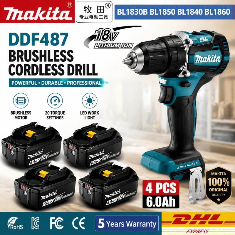 Trapano Avvitatore a Batteria Brushless Makita 18V LXT DDF487 10mm ad Alta Coppia + Batteria BL1860B BL1840 6.0Ah - Spedizione Veloce da Magazzino EU