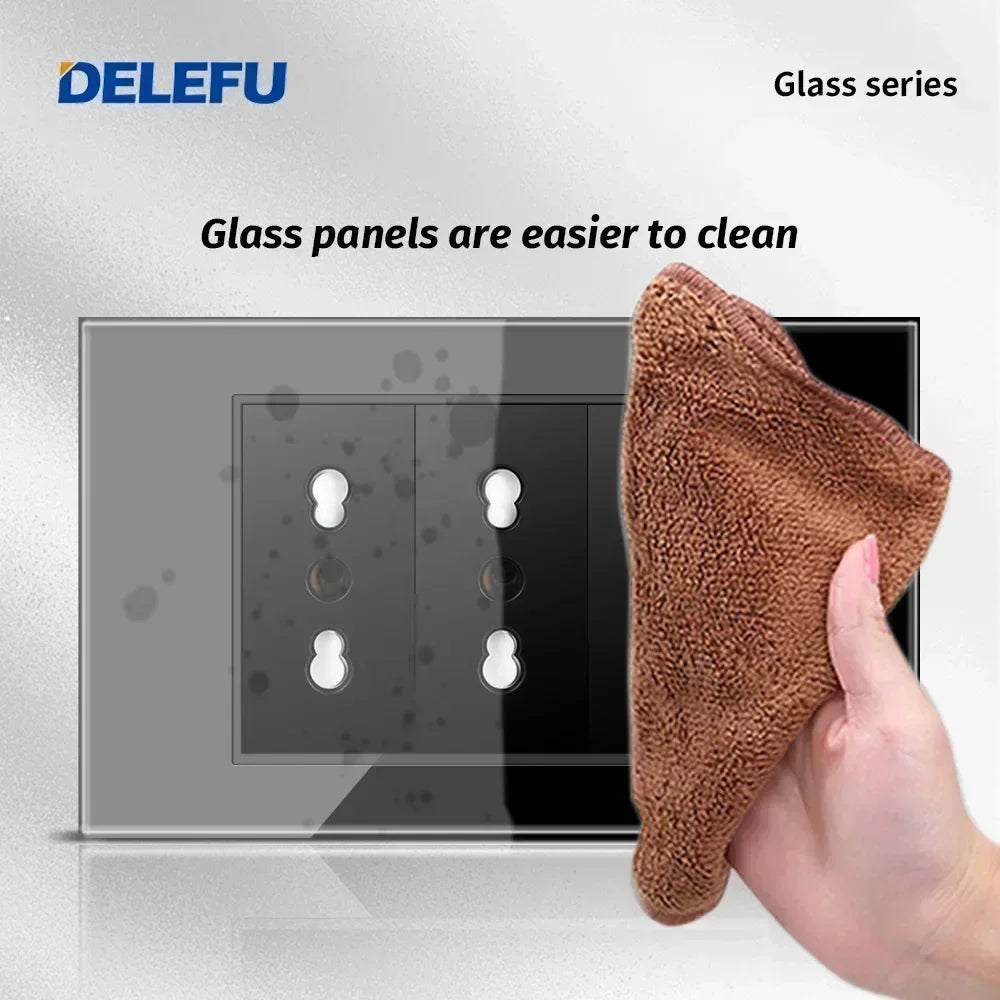 DELEFU Presa a Muro in Vetro Temperato Nero con USB Type-C per Ricarica Rapida, Interruttore Schuko, TV Sat, Telefono, Campanello, Italia/Cile