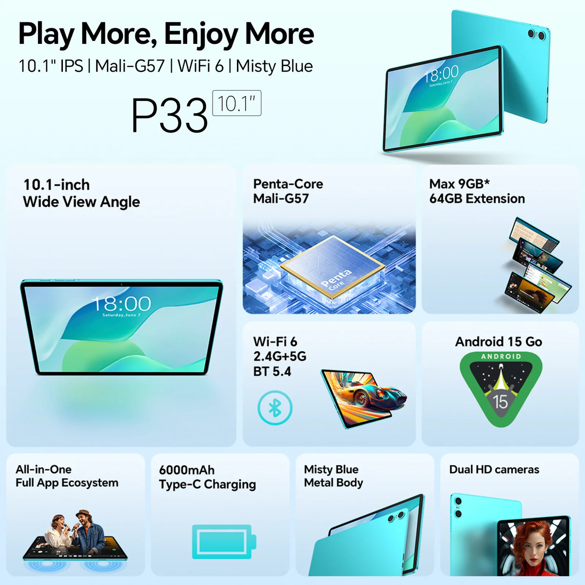 Teclast P33 Tablet Android 15 10.1" 9 GB di RAM (3 GB + 6 GB) 64 GB di ROM Allwinner A333 Custodia all-in-one/Tastiera/Mouse/Stilo/Cuffia