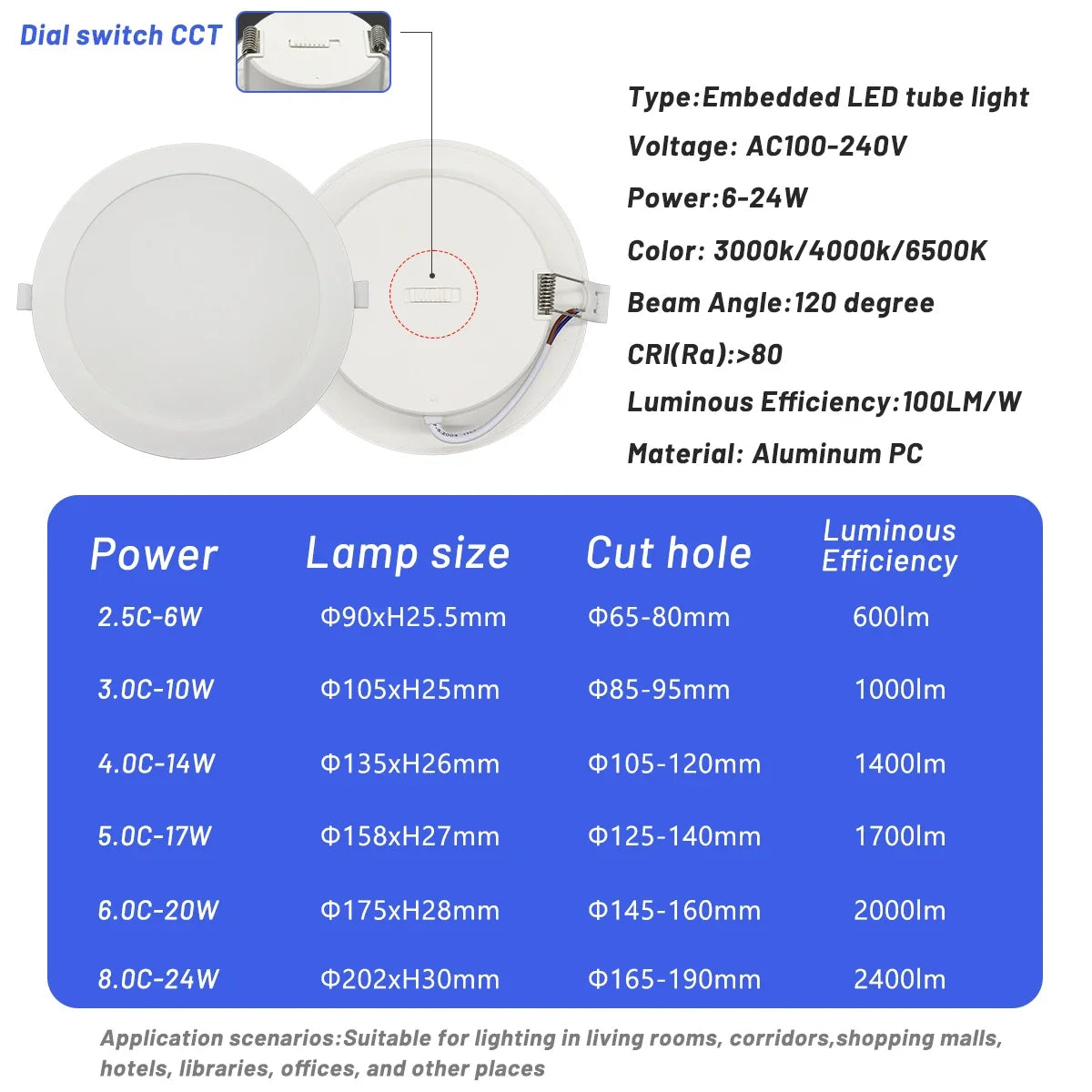 6 pezzi Spot LED da incasso a soffitto 3 CCT 3000K 4000K 6500K AC 220V 110V Bianco caldo freddo Lampada da incasso rotonda Faretto a LED Illuminazione