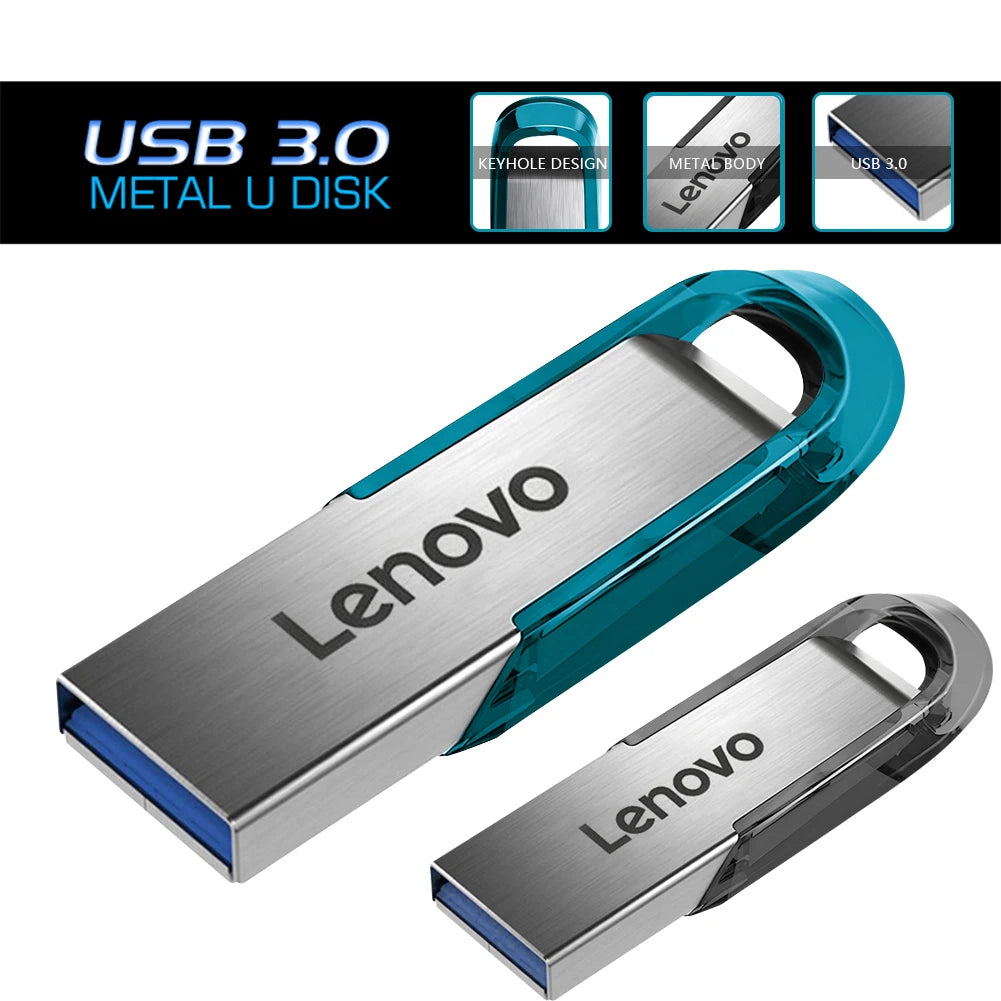 Chiavetta USB 3.0 ad alta velocità Lenovo - Chiavetta portatile in metallo, disponibile in diverse capacità: 256 GB, 1 TB, 128 GB, 64 GB, 512 GB, per l'archiviazione di dati.
