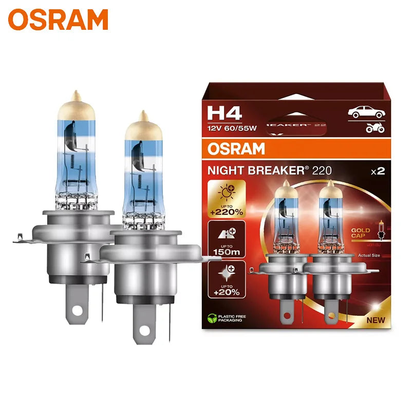 OSRAM Night Breaker 220 Lampade per auto H4 H7 H11 Faro alogeno + 220% Potenza luminosa + Fascio lungo 150 m Luce originale 12 V Germania, 2x