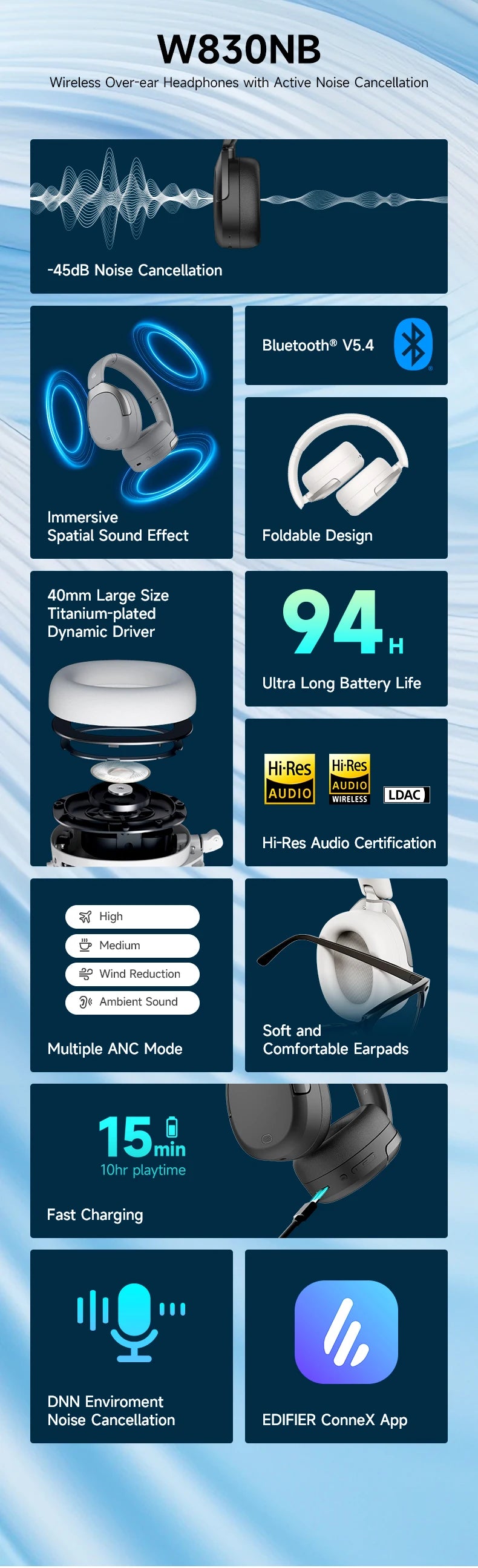 Cuffie Wireless Over-Ear EDIFIER W830NB - ANC -45dB, Hi-Res LDAC, Bluetooth 5.4, 94 Ore di Riproduzione, Ricarica Rapida, Pieghevoli, Chiamate Multipoint AI, App ConneX