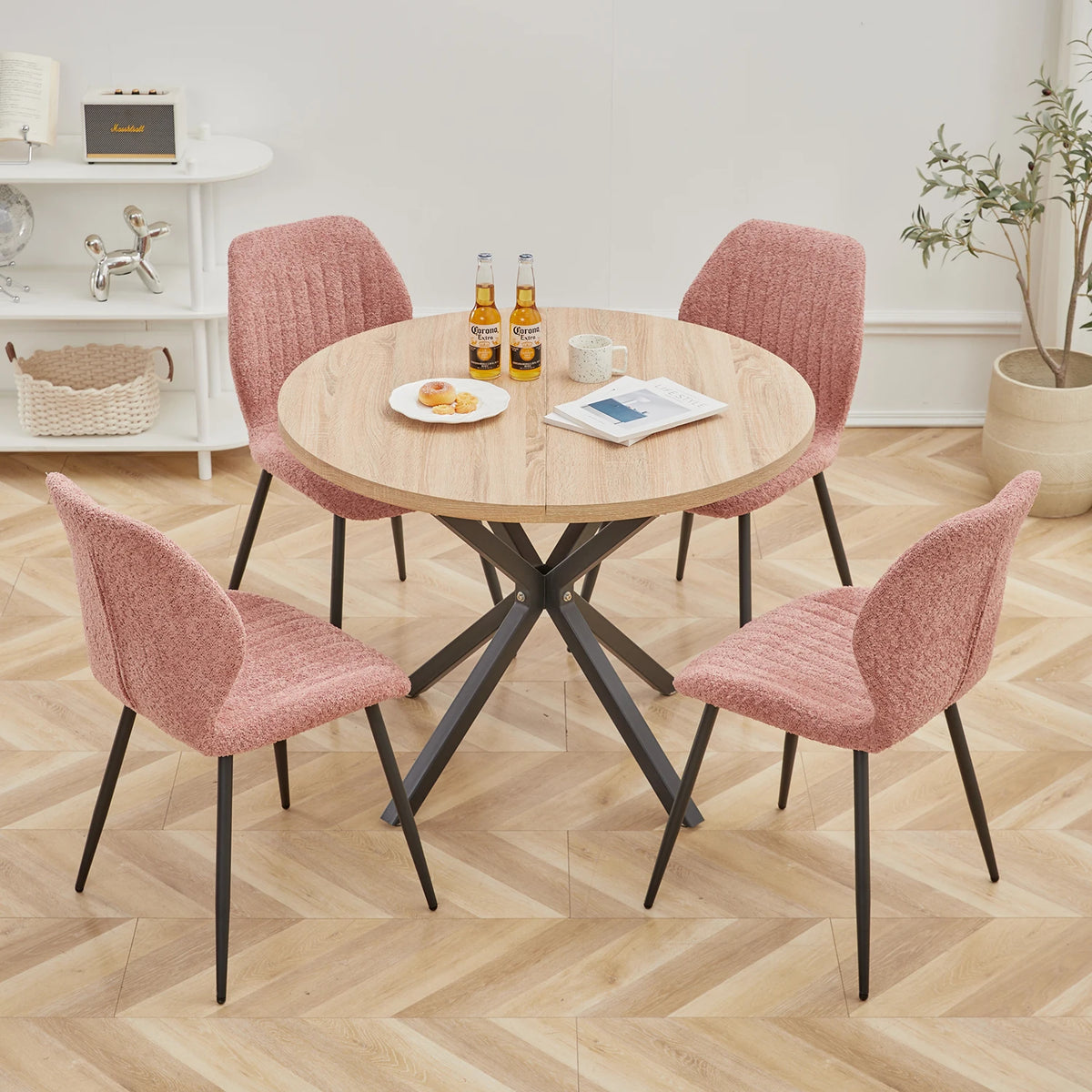 Tavolo da pranzo rotondo in stile nordico EGOONM, 100 cm, piano in MDF, gambe in metallo nero, ideale per sala da pranzo, cucina e arredamento della casa.