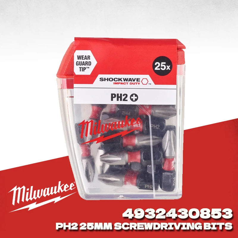 Milwaukee 4932430853 SHOCKWAVE PH2 25MM Punte per Avvitatore a Impatto, Confezione da 25 Pezzi, Accessori per Cacciavite Elettrico ad Alta Durezza 
