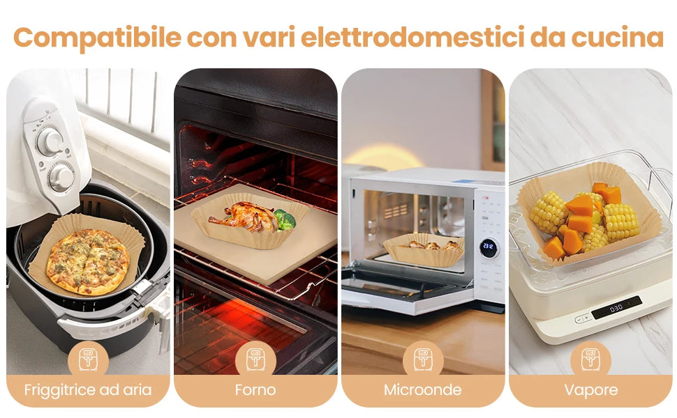 Carta forno per friggitrice ad aria, 100 pezzi contenitori usa e getta in carta per teglia friggitrice ad aria, accessori friggitrice ad aria per Microonde, 16cm x 4.5cm