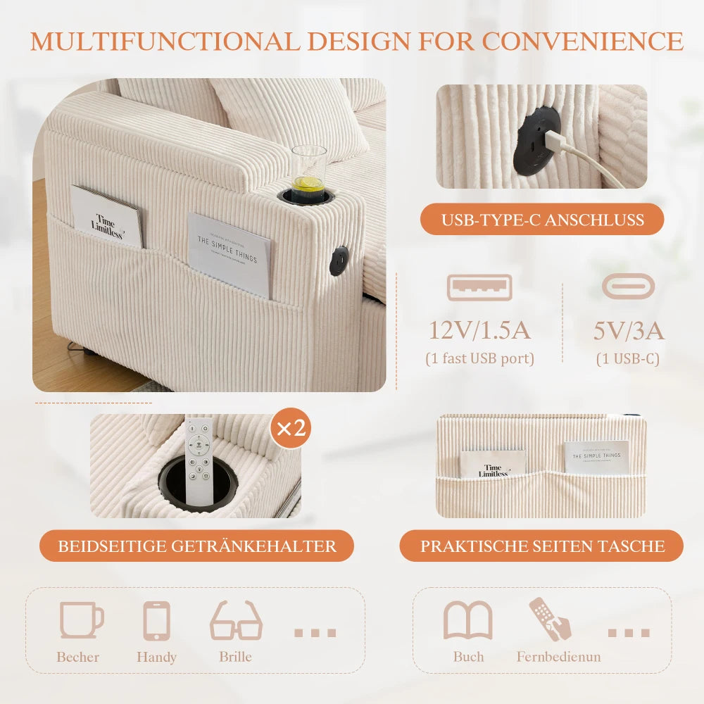 Divano in Velluto a 4 Posti con Vano Portaoggetti Integrato e Portabevande, Divano Moderno con Porte USB e Funzione Letto Estensibile