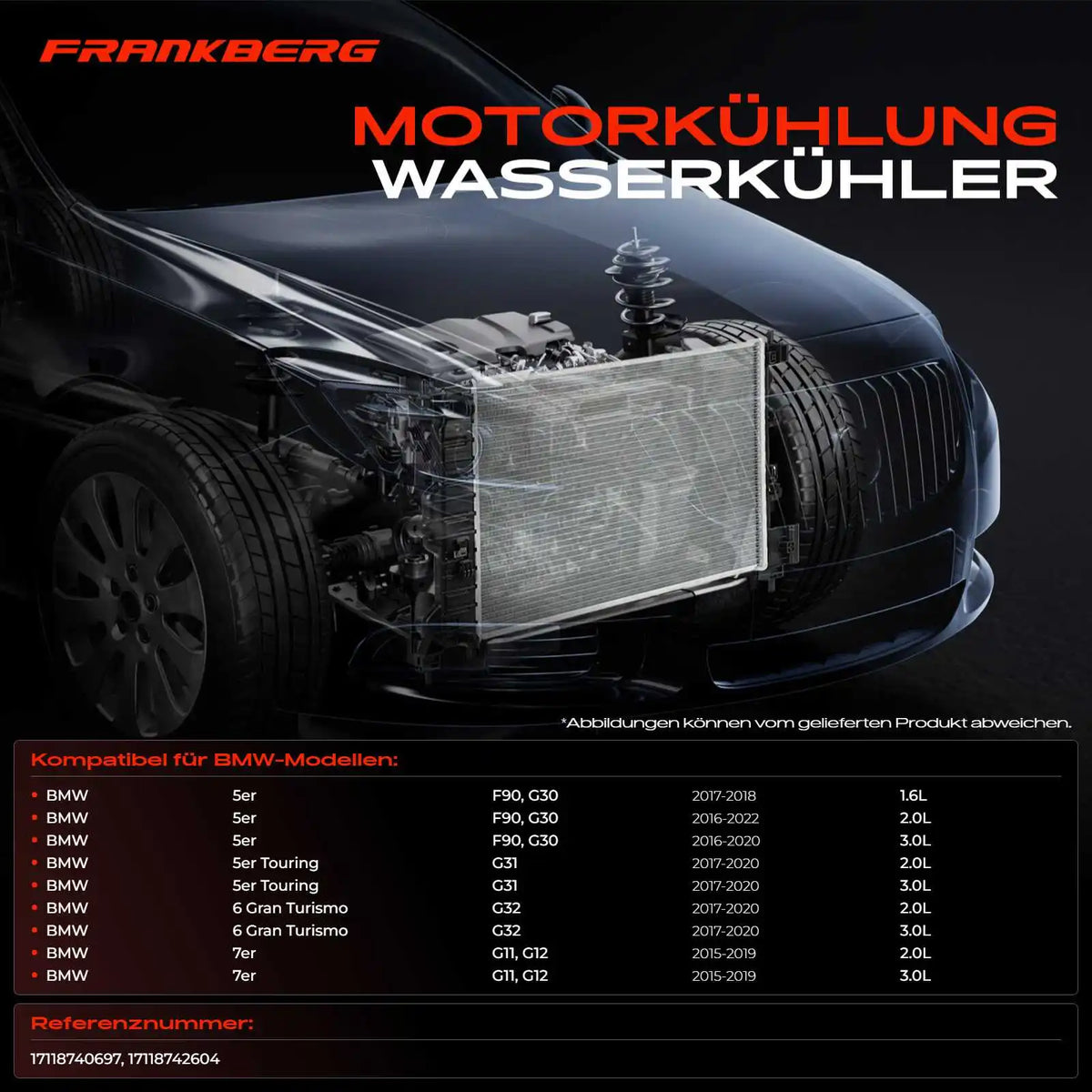 Radiatore Frankberg 1X per BMW Serie 5 G30 G31, Serie 6 Gran G32, Serie 7 G11 G12 17118740697 17118742604