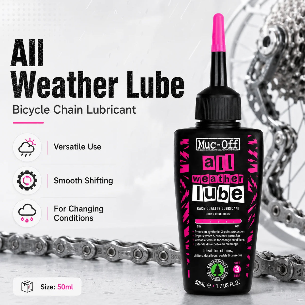 Lubrificante per Catene Muc-Off 50ml, per Uso a Secco o Bagnato, Adatto a Tutte le Condizioni Atmosferiche, Riduce l'Attrito e Garantisce Cambi Fluidi per Biciclette da Strada e MTB