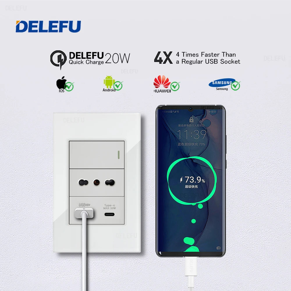 DELEFU Presa a Muro in Vetro Temperato Bianco Italia USB Tipo C Ricarica Rapida Interruttore Schuko TV Satellitare Citofono Cile