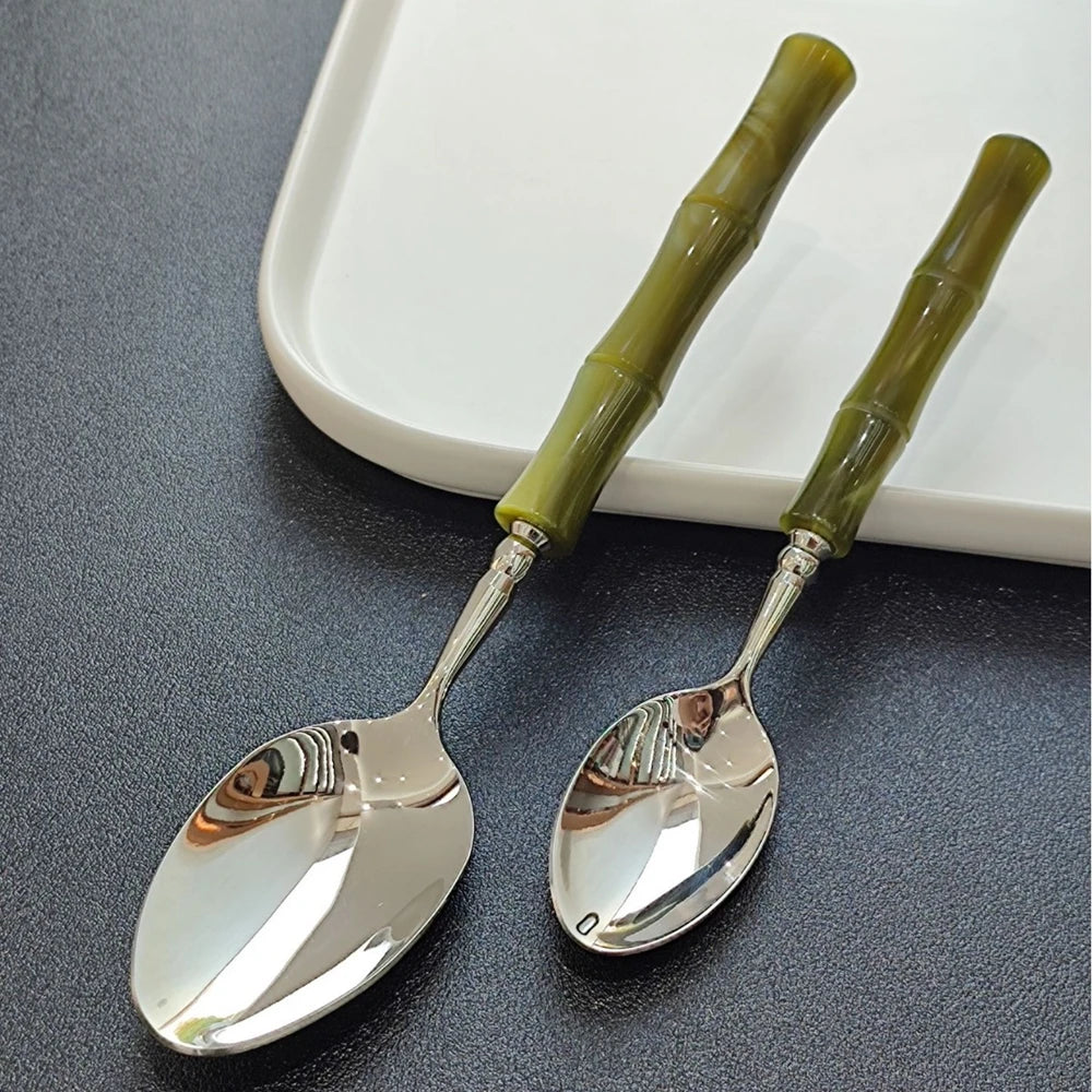 Nuovi posate in resina stile bambù 18/10 in acciaio inossidabile 304 posate classiche set di stoviglie argento blu verde crema trasporto di goccia