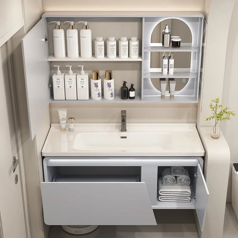 Mobile Bagno Moderno Intelligente con Lavabo Integrato in Ceramica, Armadietti in Rovere, Specchio LED e Mobiletto - Arredamento Bagno