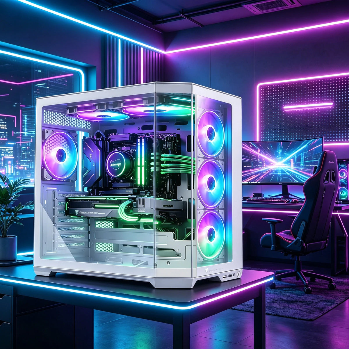 Case per PC ATX, con elevata capacità di circolazione dell’aria, struttura modulare per PC desktop, dotato di pannelli in vetro temperato sul frontale e sui lati, compatibile con schede madri ITX, MATX ed EATX.