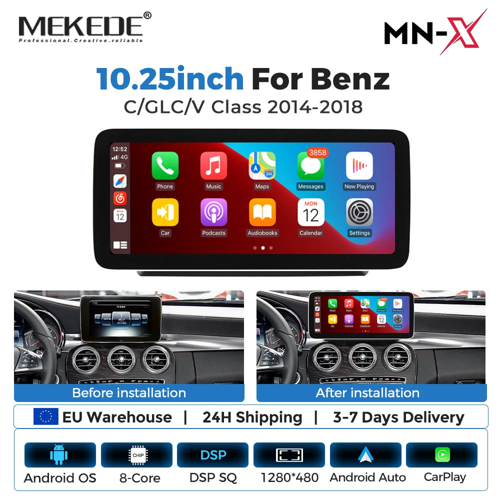 Mekede, autoradio Android 15 con schermo touchscreen da 10,25 pollici, CarPlay wireless, sistema multimediale per auto, compatibile con Mercedes Benz Classe C W205 S205 (2014-2018), navigazione GPS, schermo per la visualizzaz