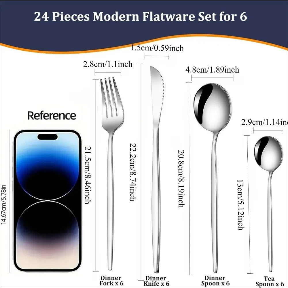 Set di posate da 24 pezzi in acciaio inossidabile, posate da dessert, cucchiaini da tรจ, lavabili in lavastoviglie, per sala da pranzo, cucina.
