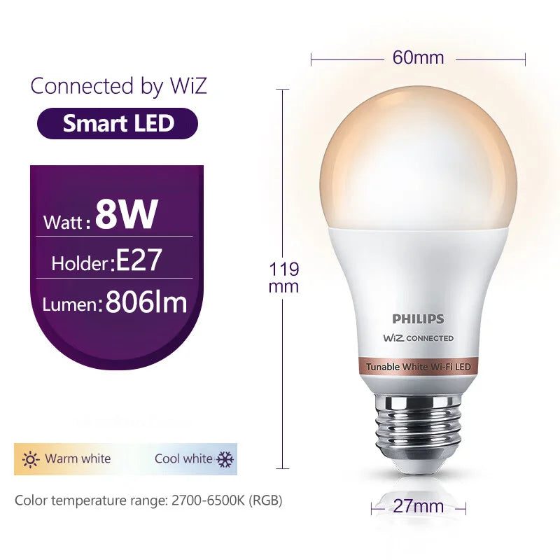 Philips LED Wi-Fi bianco sintonizzabile 8W A60 E27 Lampadina intelligente 220-240V Controllo app WiZ Lampada dimmerabile EyeComfort di colore bianco caldo per freddo